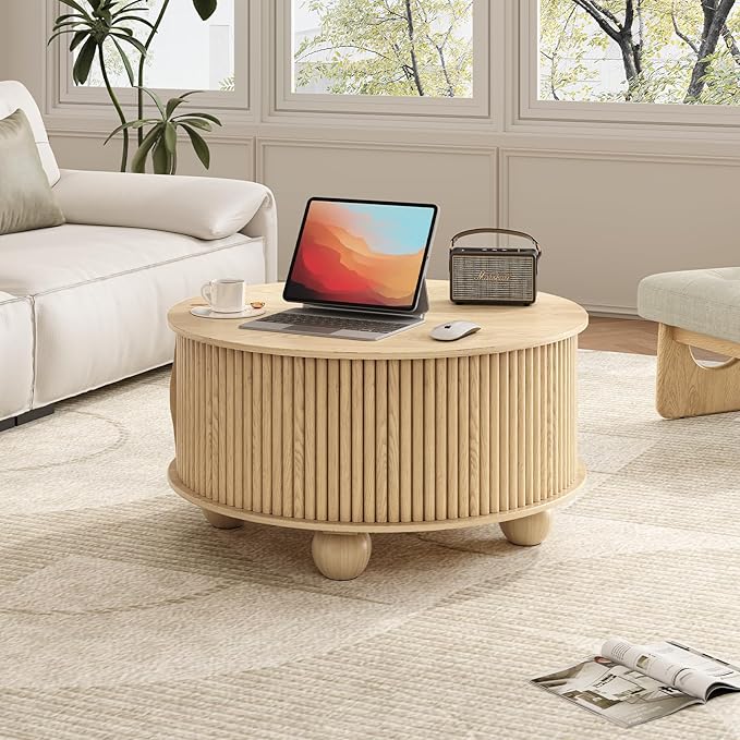 Round Coffee Table with Storage,31.5" Mid Century Modern Coffee Table with Bun Feet,Fluted Center Table for Living Room,Home Small Space,Oak
