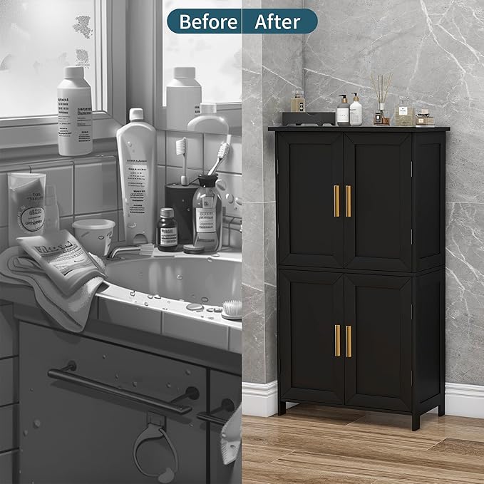 Bathroom Storage Floor Cabinet Freestanding Organizer with Adjustable Shelves for Bathroom Bedroom Laundry Room,4 Doors