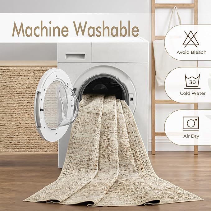 MIULEE 5x7 Vintage Living Room Rug Washable Area Rugs Low Pile Floor Mat for Bedroom Dining Room Non-Slip Stain Resistant Soft Indoor Carpet for Home Decor, Neutral Beige
