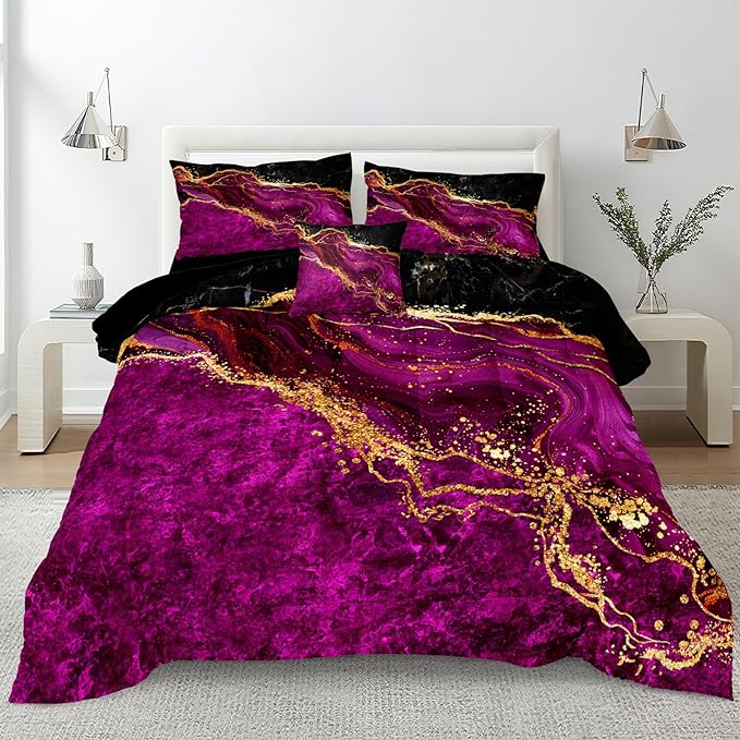 Black Gold Comforter Set Hot Pink Marble Bedding Set King Size Black Marble Stone Abstract Artwork Bedroom Decor Black Marble Comforter Sets for All Season
