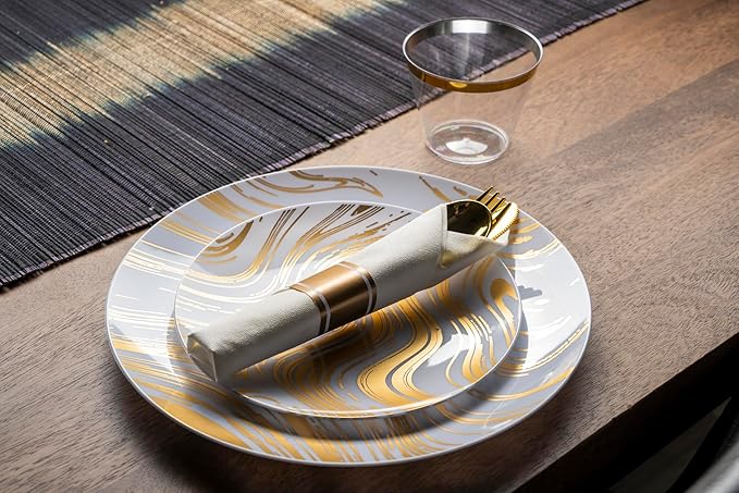 MONEST 350Pcs Gold Plastic Silverware Set for 50 Guests, Disposable Dinnerware Set includes: 50 Pre Rolled Napkins with Utensils, 50 Dinner Plates, 50 Dessert Plates, 50 Cups (Gold Wave)
