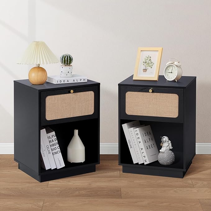 AVZEAR Mid Century Night Stand with Drawer, Farmhouse End Table with Storage & Curved Linen Panel, Modern Nightstands Bedside Table Small Side Tables for Small Space, Bedroom(Black)