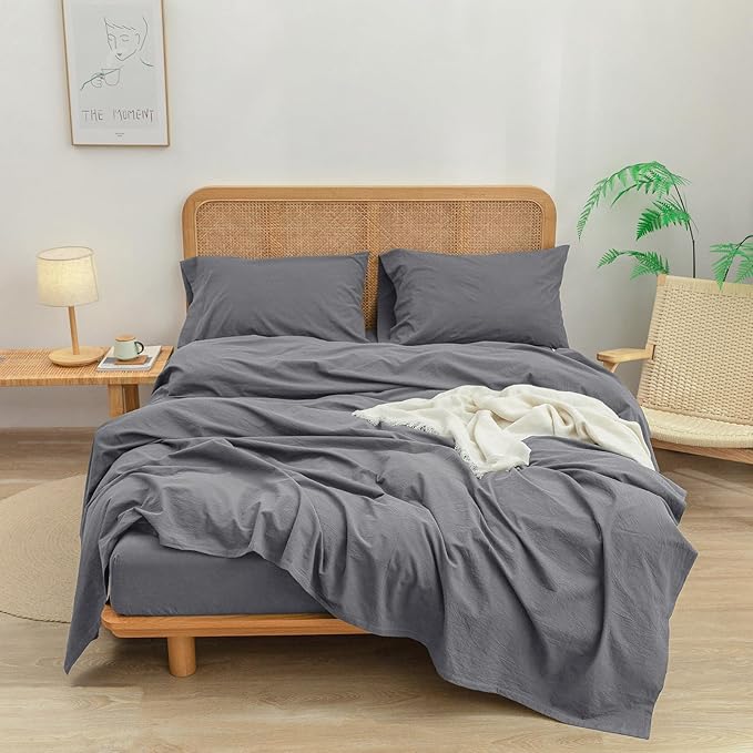 BESTOUCH Sheet Set 100% Washed Cotton Linen Feel Super Soft Comfortable Chic Lightweight 4 Pcs Home Bedding Set Solid Quiet Shade Grey King