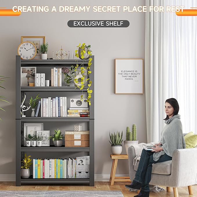 5 Tier Book Shelf, Metal Adjustable Bookcase, Modern Tall Bookshelf for CDs Movies Books, Industrial Book shelves Storage Shelving for Bedroom Home Office Kitchen Living Room, 15.7"D x 31.5"W x 63"H