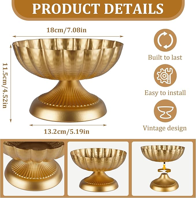 Compote Bowl Vases for Centerpieces Urn Vase, Metal Small Pedestal VaSe Gold Pot, Flower Arrangement for Wedding Anniversary Party Home Decor, 2Pcs