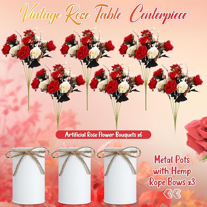 Domensi 3 Sets Wedding Centerpiece for Table Artificial Rose with Vase Fake Bouquets and Metal Pot Floral Arrangements for Holiday Party Event Table Decor (Red)
