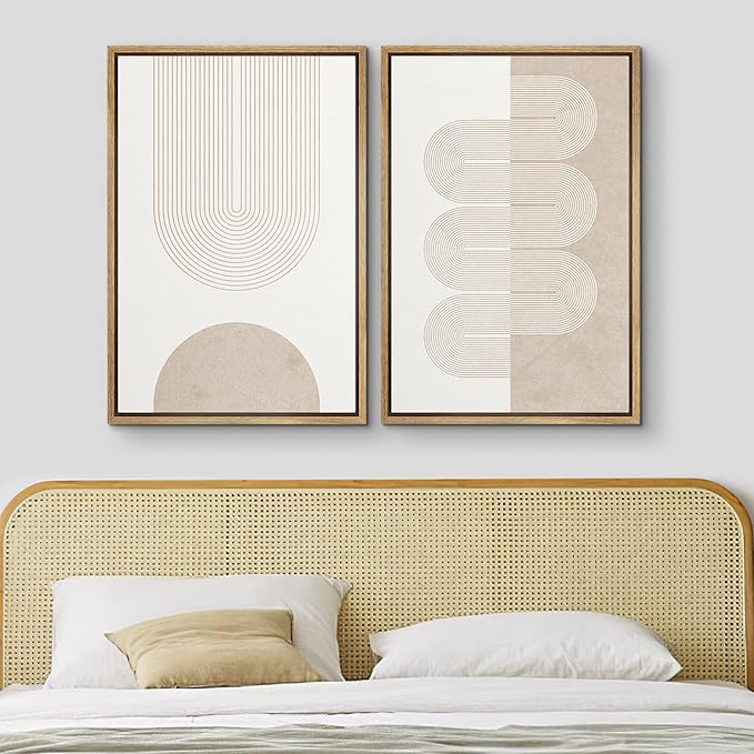 MUDECOR Framed Canvas Print Wall Art Set Pastel Tan White Geometric Wave Ribbons Abstract Shapes Illustrations Modern Art Decorative Contemporary for Living Room, Bedroom, Office - 24"x36"x2 Natural