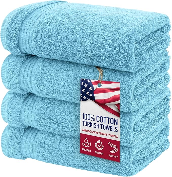 American Veteran Towel, Hand Towels for Bathroom Set of 4, 100% Cotton Turkish Hand Towel Sets Clearance Prime, Soft Hand Face Towels, Sky Blue Hand Towels