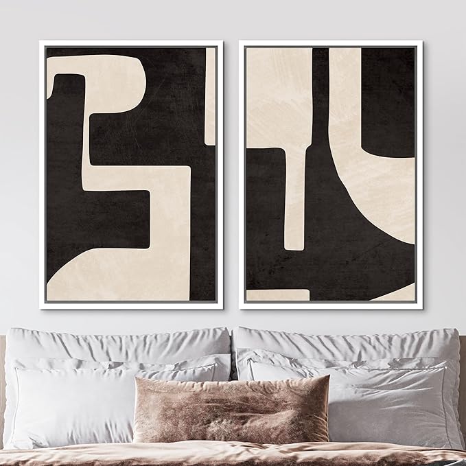 MUDECOR Framed Canvas Print Wall Art Black & White Geometric Paint Stroke Decor Abstract Nature Illustration Modern Art Decorative Multicolor Geometric Minimal for Bedroom - 24"x36"x2 White