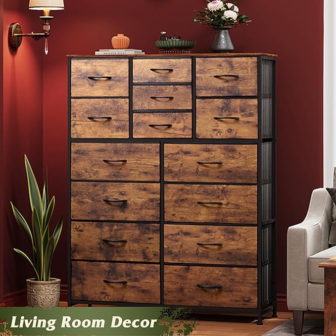 WLIVE Tall Console Table with 15 Fabric Drawers, Entryway Table with Storage, Tall Storage Organizer with Wood Top, Steel Frame for Living Room, Hallway, Office, Rustic Brown
