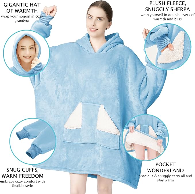 Touchat Wearable Blanket Hoodie, Oversized Sherpa Blanket Sweatshirt with Hood Pocket and Sleeves, Gifts Hooded Blanket for Adult Women Men (DustyBlue)