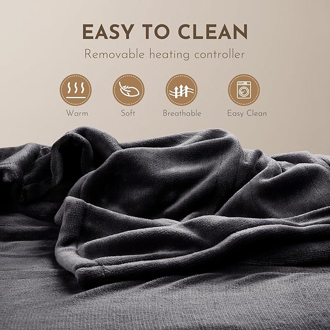 Electric Blanket Heated 72"x84" Full Size Flannel Heated Blanket with 4 Heating Levels & 10 Hours Auto Off, Machine Washable - Dark Grey
