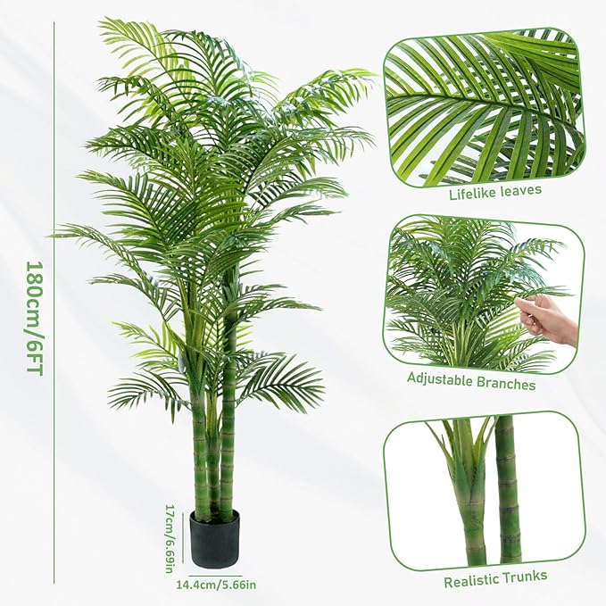 6FT Artificial Areca Palm Tree – Realistic Faux Indoor & Outdoor Plant with Weighted Pot, UV Resistant & Easy Assembly Plastic Tropical Tree for Home or Office Décor Housewarming Gift