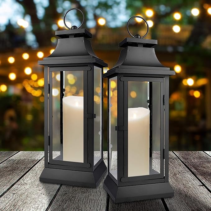 Serene Spaces Living Set of 4 Black Hurricane Lanterns with Clear Glass Panels - Ideal for Home Decor, Parties & Events - Table Top or Hanging Lantern for Indoor & Outdoor Use - Measures 15" Tall