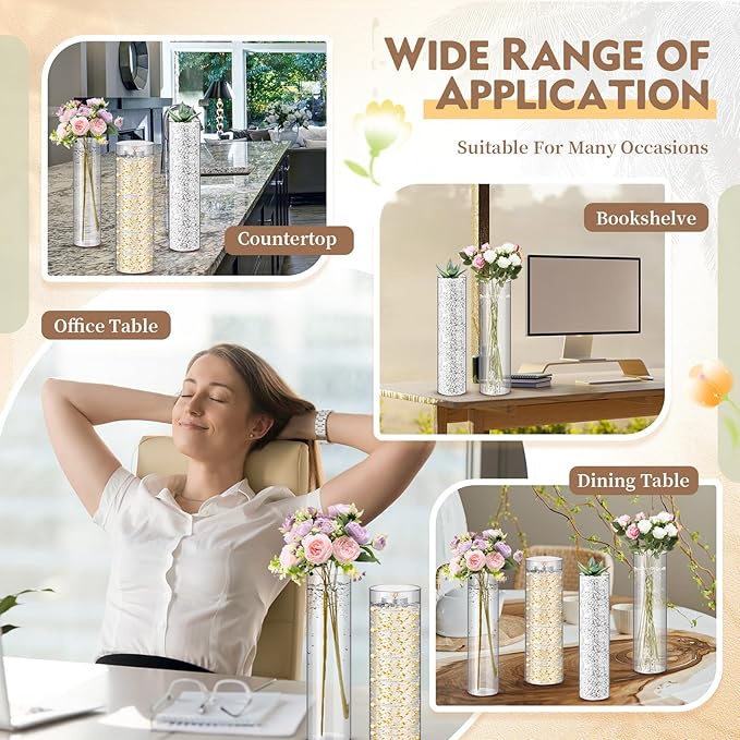 Nuogo 24 Pcs Acrylic Clear Cylinder Vase Plastic Flower Vase Unbreakable Tall for Wedding Centerpieces Party Home Plants Bouquet Decor (12 Inch)