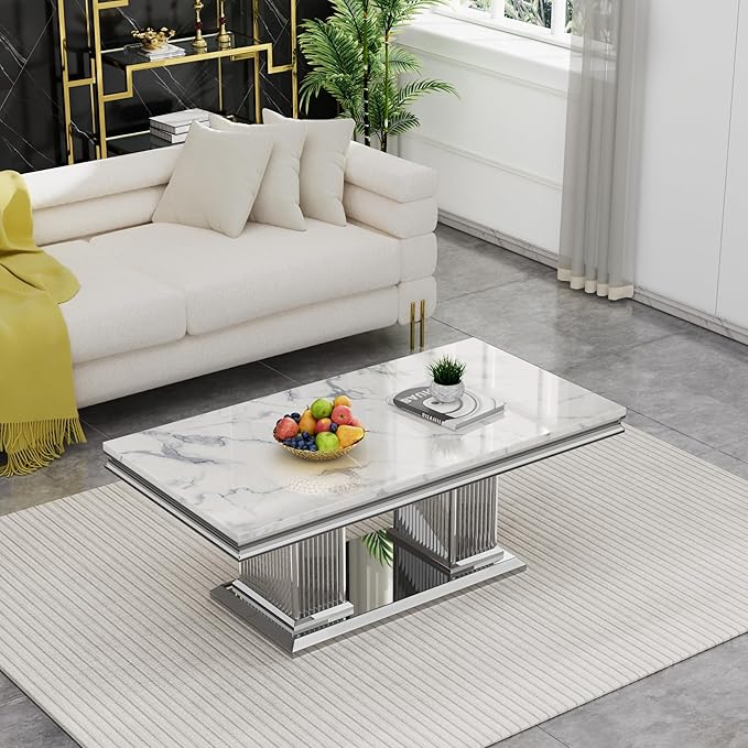 SSLine Rectangular Faux Marble Coffee Table for Living Room Modern Luxury White Marble Center Table with Silver Pedestal Base 46.8" Mid-Century Cocktail Table with Mirrored Stainless Steel Frame