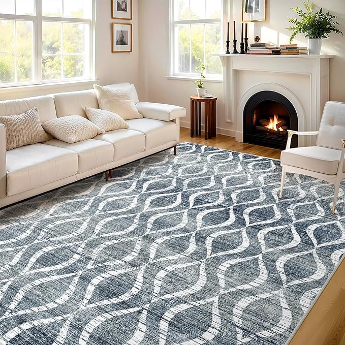 WITSHOCK Boho 8x10 Rugs for Bedroom - Washable Non-Slip Large Thin Indoor Rug for Living Room Dining Room, Soft Modern Geometric Low Pile Print Dark Blue Carpet for Nursery, Kid & Pet Friendly