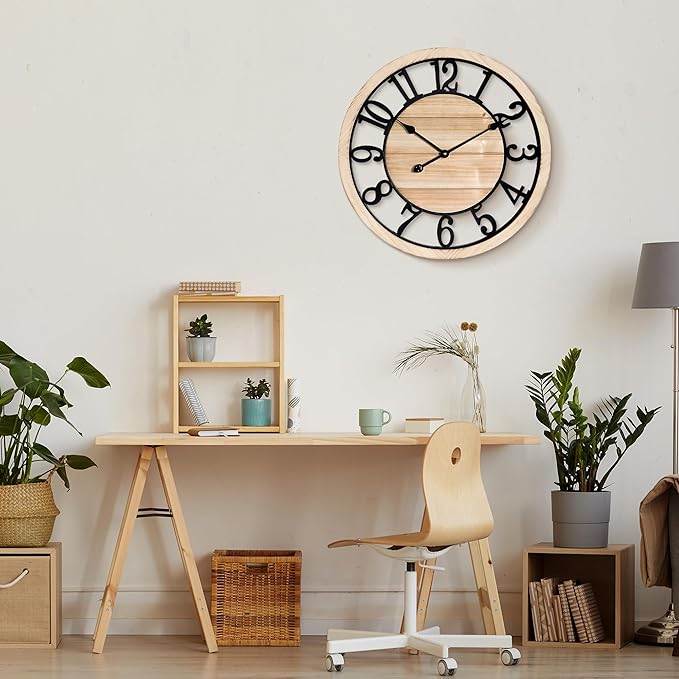 Maxstar 24'' Wall Clock for Living Room Decor, Ultra-Silent Rustic Wooden Farmhouse Wall Clock with Metal & Real Wood Frame, Battery Operated, for Kitchen Bedroom Office, Arabic Numerals