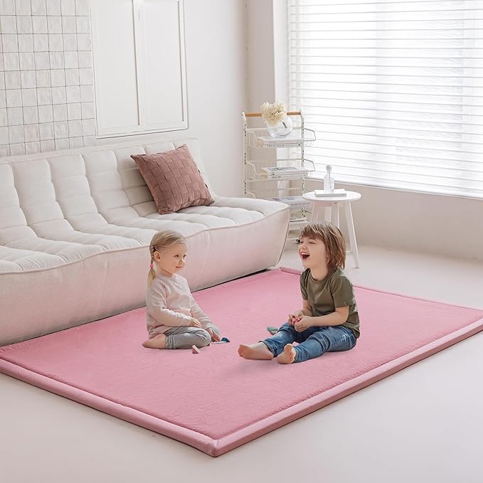 Loartee Faux Rabbit Fur Rug - 1.18" Thick Soft Fluffy Area Rug, Non-Slip Memory Foam Crawling Mat, Light Pink, 78"x110"