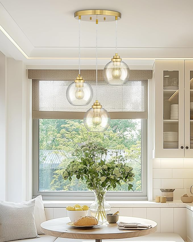 Gold Cluster Pendant Light, 3-Light Globe Hanging Light Fixture, Kitchen Island Lighting with Clear Glass for Dining Room Living Room Laundry Entrance Foyer, ZCPL101BG-3C