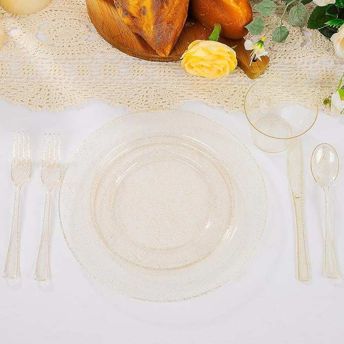 150 PCS Gold Glitter Disposable Dinnerware Set for 25 Guests, Plastic Plates for Party, Including 25 Dinner Plates, 25 Salad Plates, 25 Cups, 25 Forks Knives Spoons for Wedding and Party Supplies