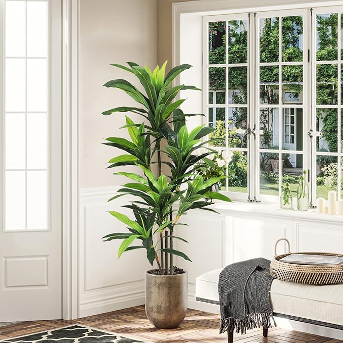 VIAGDO Dracaena Silk Plant Artificial 5ft Faux House Plants Evergreen Dracaena Marginata Fake Yucca Palm Trees in Pot Realistic Dragon Tree for Living Room Home Office Decor Indoor Outdoor