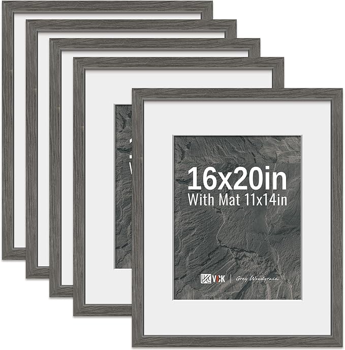 VCK 16x20 Picture Frame 5 Pack - Grey, High-End Wood Poster Frames with Tempered Glass, Display 11x14 Photo with Mat or 16x20 without Mat, Art Gallery-Quality, Wall Hanging, Grey