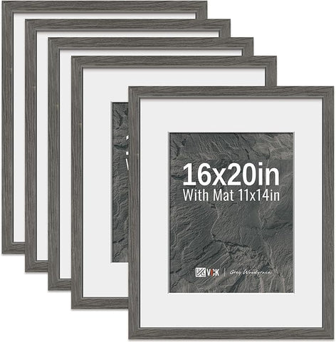 VCK 16x20 Picture Frame 5 Pack - Grey, High-End Wood Poster Frames with Tempered Glass, Display 11x14 Photo with Mat or 16x20 without Mat, Art Gallery-Quality, Wall Hanging, Grey