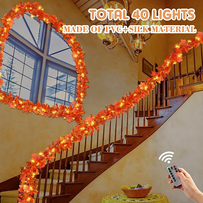 VIHOSE 2 Pack Thanksgiving Maple Leaves Garland Fall Decor 11.5 ft 40 LED with Pumpkin Lights Battery Operated and Timer Remote for Home Thanksgiving Halloween Decor(Orange)