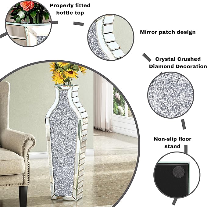 27" Tall Floor Crystal Vase Crushed Diamond Floor Vase Large Silver Vases for Decor Living Room Big Glass vases