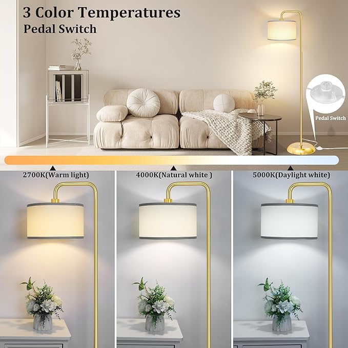 [Upgraded] LED Floor Lamp for Living Room, 3 Color Temperature Floor Lamp with Foot Switch Modern Standing Lamp Tall Pole Floor Reading Lamp for Bedroom, Study Room, Office, 9W Bulb Included, Gold
