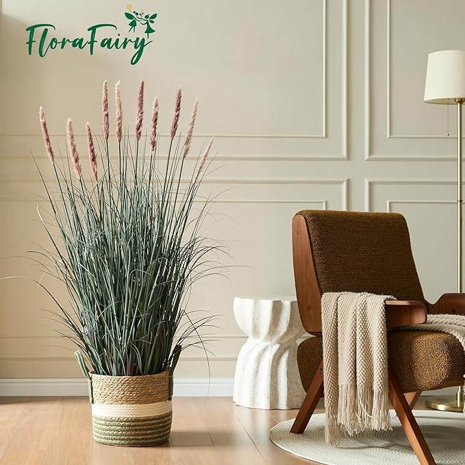 4ft Onion Grass, Artificial Plant and Greenery, Fake Floor Plants Indoor Outdoor, 48in Faux Horsetail Reed Grass with 10 Pink Flower Crowns, Potted, House Decorative