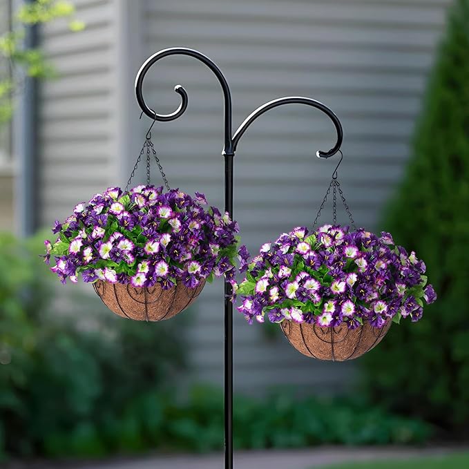 Artificial Hanging Flowers 12 inch Basket, Faux Silk Petunias Flower Arrangement,Coconut Lining Pot Planter with Morning Glories Patio Garden Porch Deck Spring Summer Decor(Purple Edge)