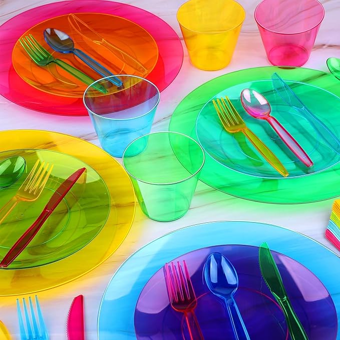 252 PCS Neon Party Supplies Serves 36 Including 7.5 & 10.25 In Disposable Plastic Neon Plates 9 Oz Cups Cutlery Napkins Tableware Set Dessert Cake Plates for Blacklight Party Birthday