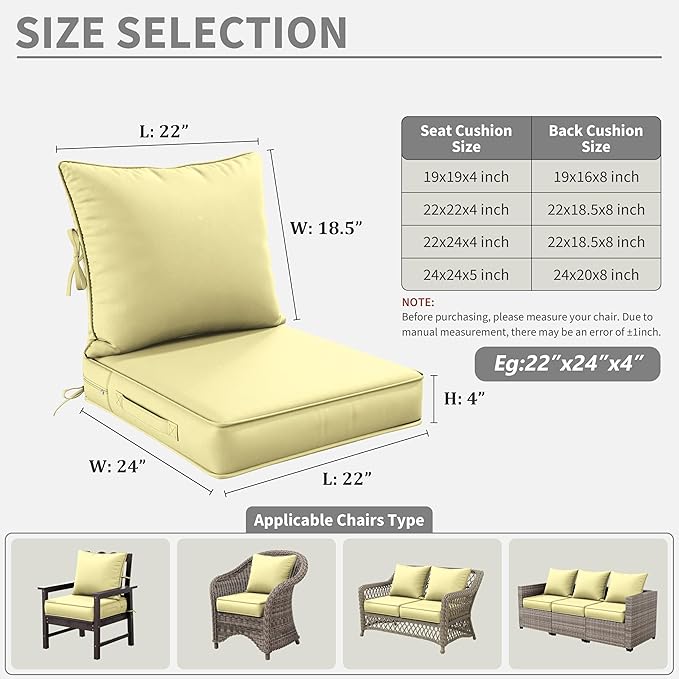 Premium Outdoor Seat Cushion Chair Cushions for Patio Furniture 22 L X 24 W X 4 H Waterproof & Fade Resistant Deep Seat and Backrest Cushion Set with Removable Covers for Chair, Sofa