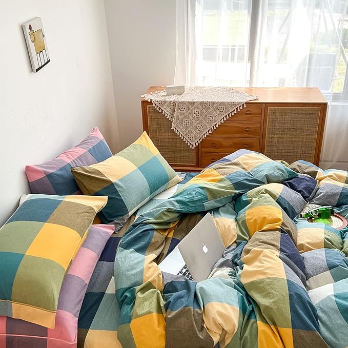 VM VOUGEMARKET Yellow Green Plaid Duvet Cover Set Queen Washed Cotton Bedding Set Multicolor Buffalo Grid Duvet Cover with 2 Pillowcases for Men Women