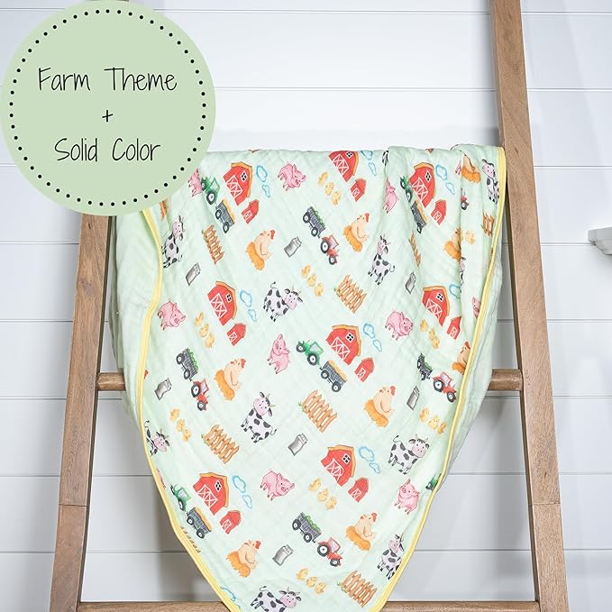 LollyBanks Muslin Baby Blanket 100% Organic Cotton, Muslin Quilt Lightweight, 6 Layers Soft Blanket Neutral, 47"x 47" Toddler Blankets for Girls and Boys, Nursery Receiving Blankets (Farm Theme Print)