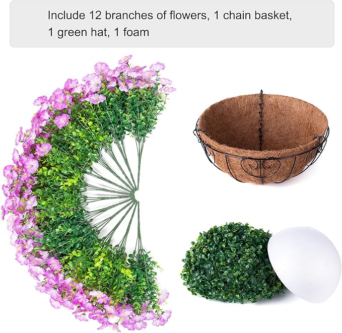 Ivydale Artificial Fake Hanging Flowers Plants in Basket for Outdoor Decoration, 12 Pcs Faux Morning Glory in Planter Realistic UV Resistant Silk Flowers for Home Porch Patio Balcony Yard Outside