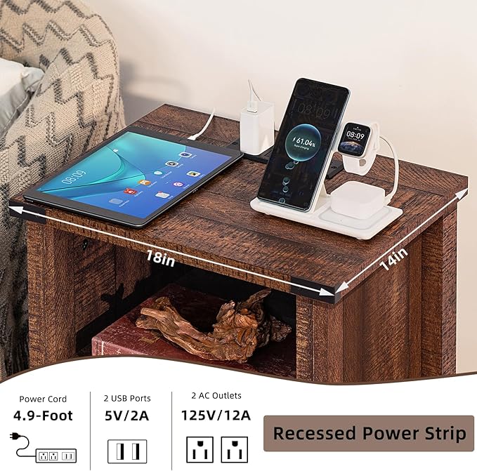 Night Stand Set of 2, 18 Inch Farmhouse Nightstand with with Charging Station and USB Port, Rustic Wood Bedside Table with Magnetic Door, Bed Side Tables for Bedroom, Reclaimed Barnwood