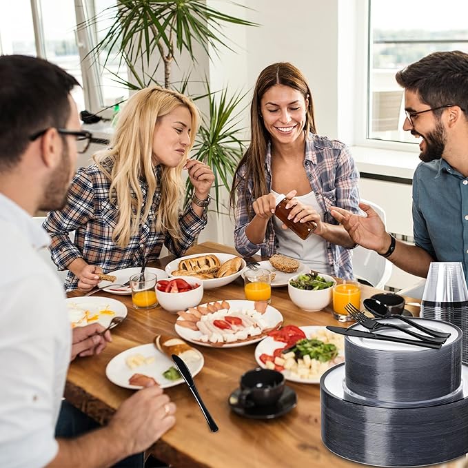 N9R 600PCS Black Disposable Plates, Heavy Duty Plastic Dinnerware Set for 100 Guests Includes 100 Dinner & Dessert Plates, Cups, Spoons, Forks, and Knives, Perfect for Parties, Weddings,and Daily Use