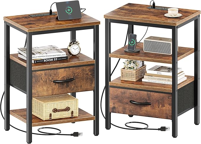 SUPERJARE Nightstand Set of 2, Bed Side Tables with Charging Station, Adjustable Fabric Drawer, Night Stand for Bedroom, 3-Tier Storage End Tables, for Living Room, Rustic Brown