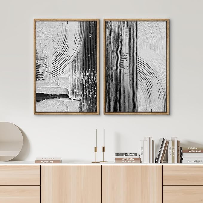 SIGNWIN Framed Canvas Print Wall Art Set Black White Industrial Paint Strokes Abstract Shapes Illustrations Modern Art Minimal Decorative Nordic for Living Room, Bedroom, Office - 16"x24"x2 Natural