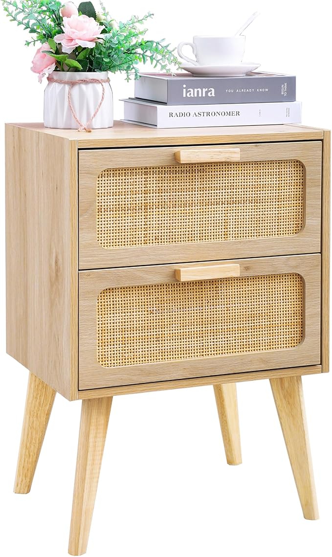 Rattan Nightstand,Boho Bedside with Storage,End Table,Side Table with 2 Hand Made Rattan Decorated Drawers for Small Space,Livingroom,Bedroom,Natural 11.8" D x 16" W x 22.4" H CTG59Y