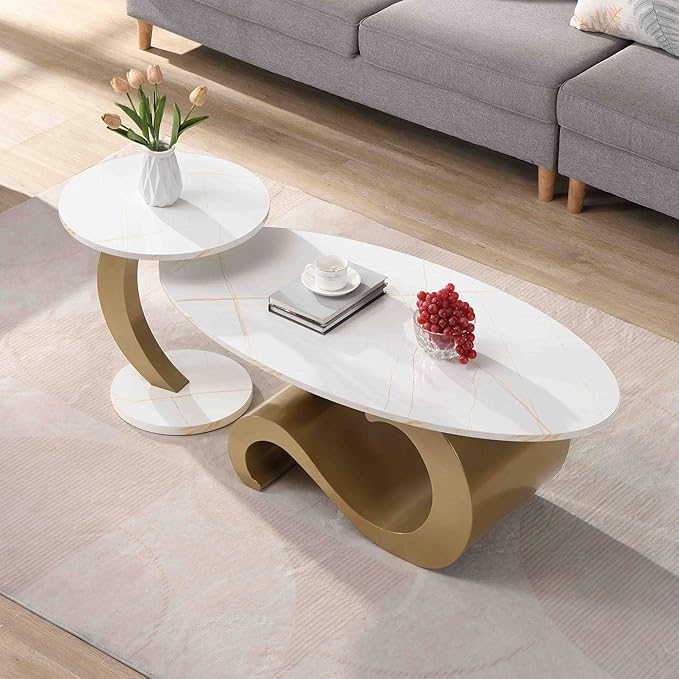 Marble Nesting Coffee Table Set of 2,Modern Oval Center Tea Table and Round Side Nightstand Set w/Faux Marble Top and Metal Frame for Living Room Accent Furniture (Gold)