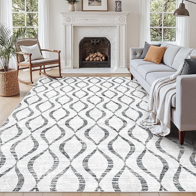 WITSHOCK 8x10 Area Rugs for Bedroom: Washable Non-Slip Soft Geometric Boho Low Pile Large Thin Indoor Rug for Living Room Dining Room, Carpet for Nursery Playroom Decor, Kid & Pet Friendly, Grey