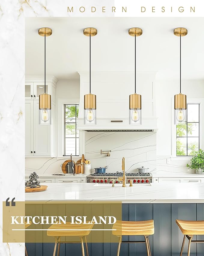 2-Pack Pendant Lights Kitchen Island, Brushed Gold Shade Hanging Lights Fixtures with Cylinder Clear Glass, Brass Kitchen Pendant Lighting Over Island for Dining Room, AD-24023-1P2-GD