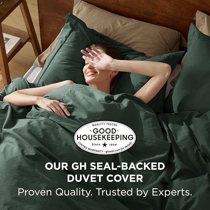 Bedsure 100% Washed Cotton Duvet Cover Queen Size - Forest Green Minimalist Cotton Duvet Cover Linen Like for All Seasons - GentleSoft™ Plain Simple Bedding, 3 Pieces (Forest Green, Queen, 90"x90")