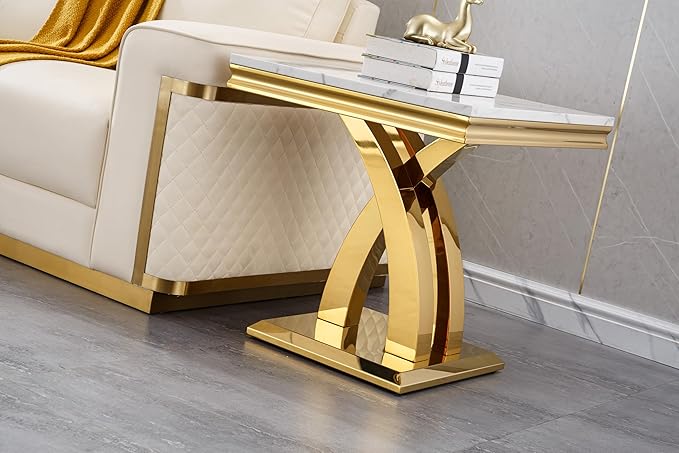 SSLine Modern White Faux Marble End Table Luxury Square Sofa Side Table with Gold Pedestal Base Mid-Century Elegant Bedside Table w/Mirrored Stainless Steel Frame for Living Room Bedroom