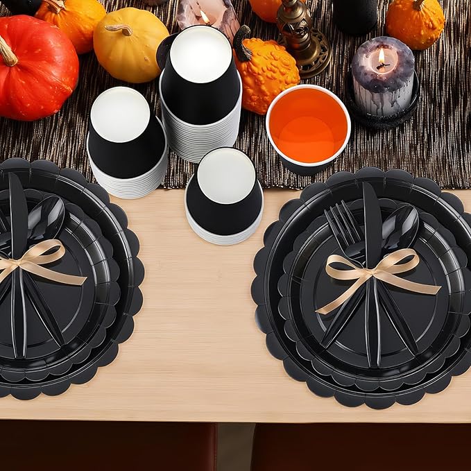 350 Pcs Black Plates and Napkins, 50 Guest Halloween Party Supplies Include Scalloped Paper Plate Napkin Cups Plastic Spoons Forks Knives Disposable Tableware Set for Halloween Day of the Dead