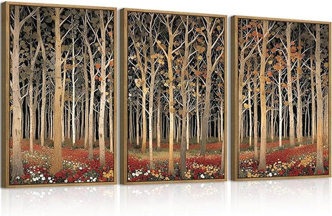 Large Modern Autumn Birch Trees Framed Canvas Wall Art,Boho Aspen Trees Wall Decor,Mid Century Fall Forest Artwork,Natural Midnight Wilderness Art Print for Living Room,Bedroom,Office-24"x36"x3